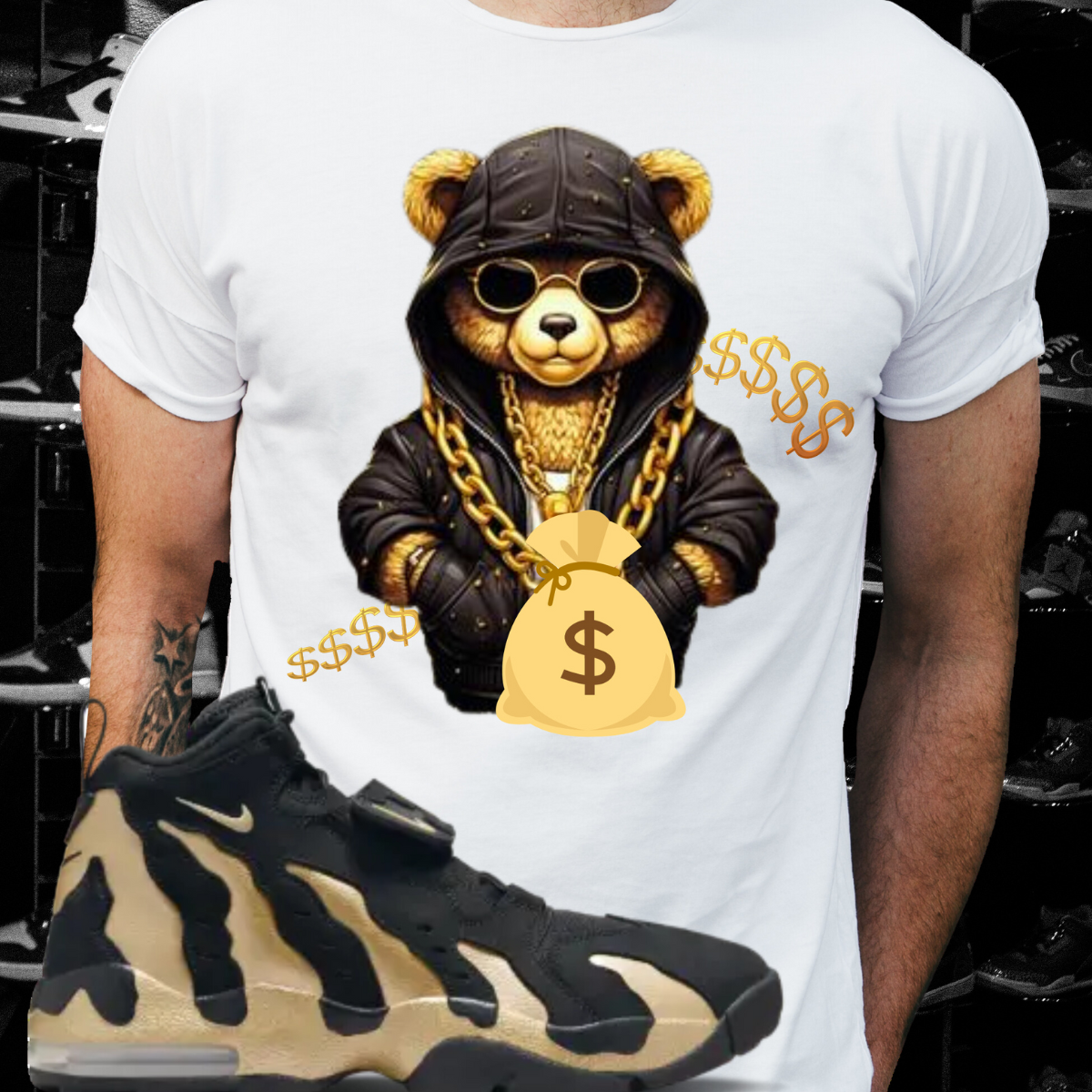 Money Bear T-shirt Matches Prime Time’s Air Diamond Turf Max ’96 Black/Gold - The Tshirt Goat