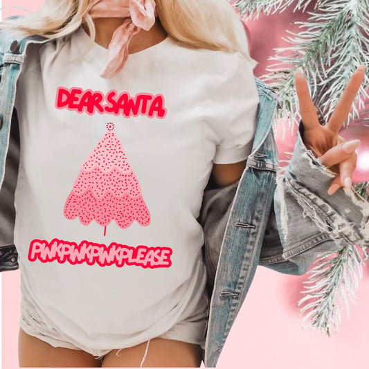 تي شيرت للجنسين مكتوب عليه Dear Santa, Pink Pink Pink Pink Please مع شجرة عيد الميلاد الوردية