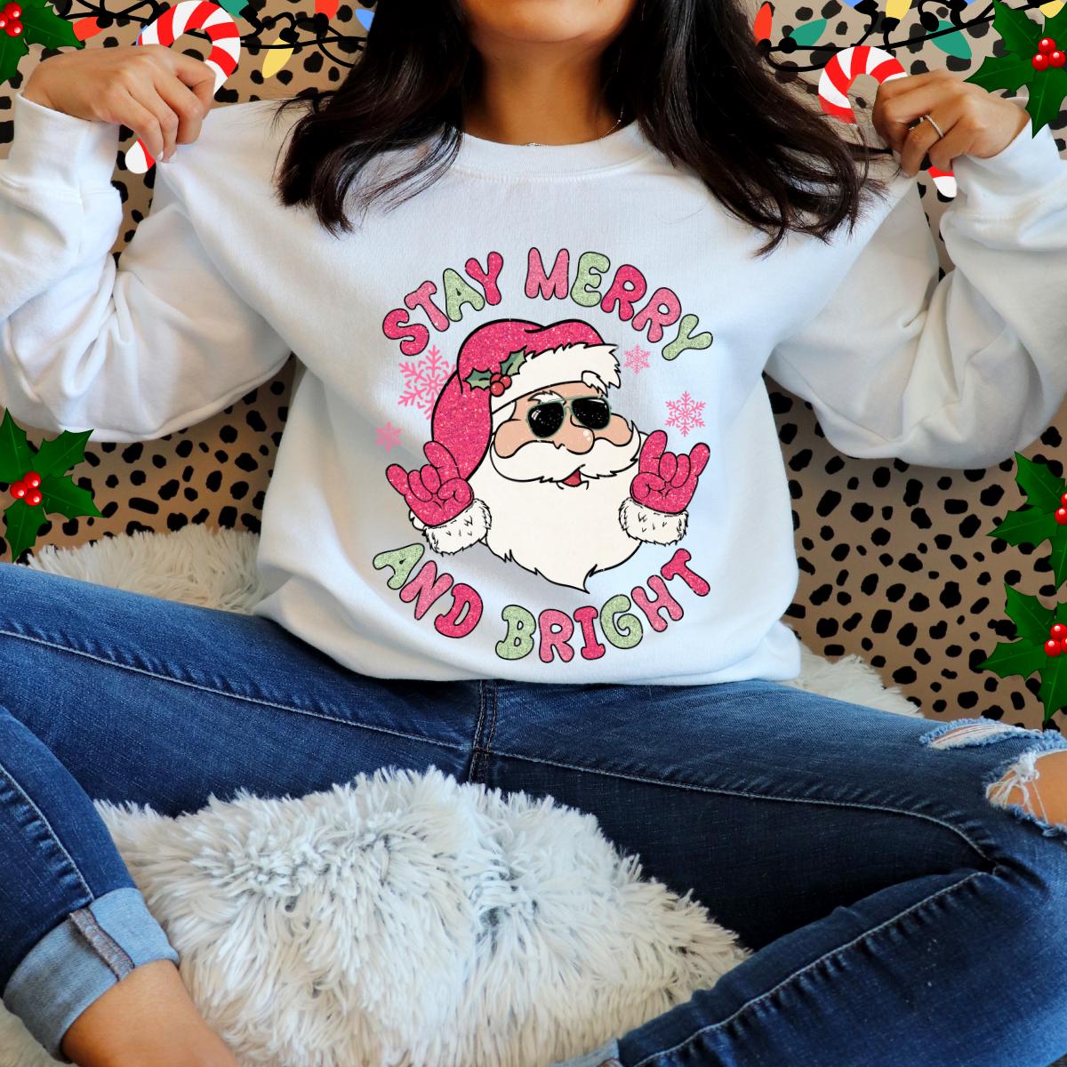 Faux Glitter &quot;Stay Merry and Bright&quot; Pullover Santa Sweatshirt