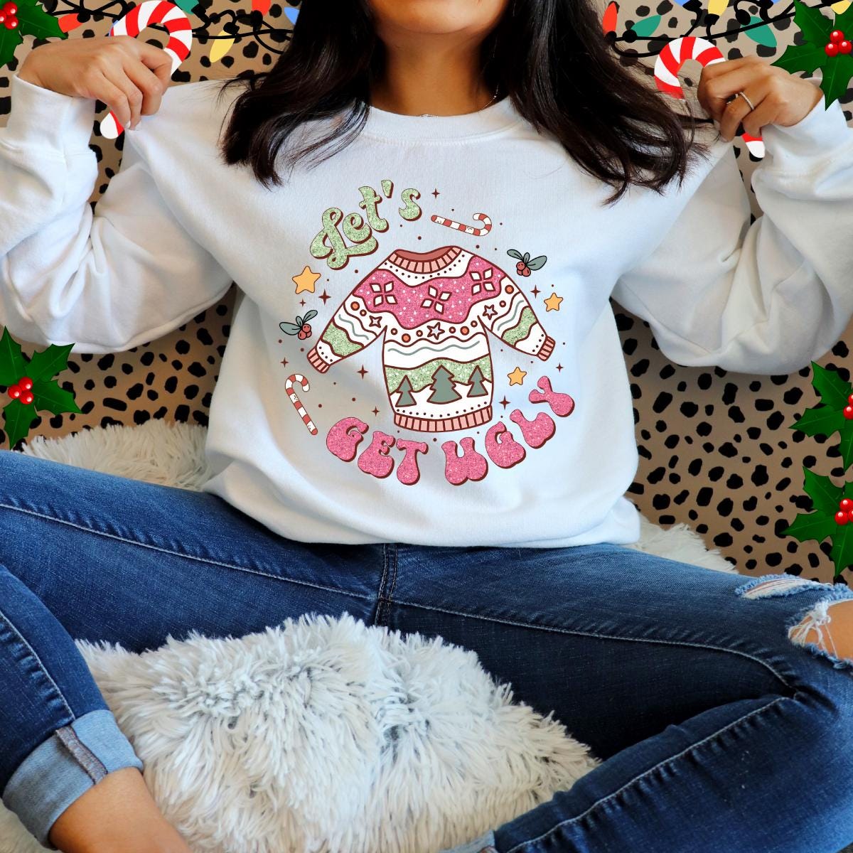 Faux Glitter Pink &quot;Let&#39;s Get Ugly&quot; Ugly Xmas Sweater Pullover Sweatshirt - The Tshirt Goat