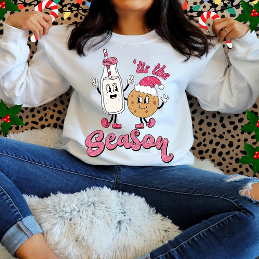 Sudadera con estampado de purpurina rosa "Tis the Season" con adorables imágenes de leche y galletas