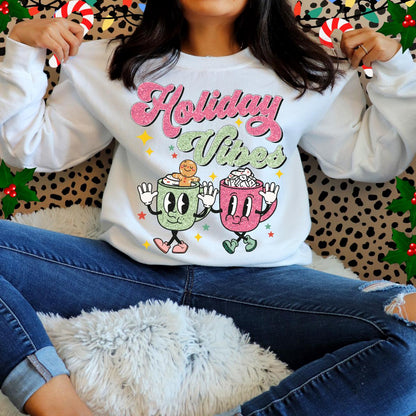 Unisex Faux Glitter &quot;Holiday Vibes&quot; Pullover Sweatshirt