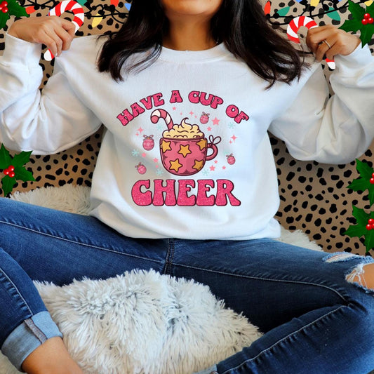 Sudadera navideña con purpurina sintética y la frase "Have a Cup of Cheer"