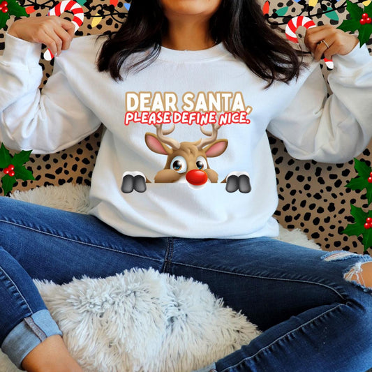 Dear Santa , please define &quot;nice&quot; Pullover Reindeer Sweatshirt - The Tshirt Goat