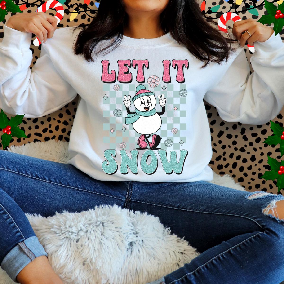 Faux Glitter &quot;Let it Snow&quot; Pullover Snowman Sweatshirt - The Tshirt Goat