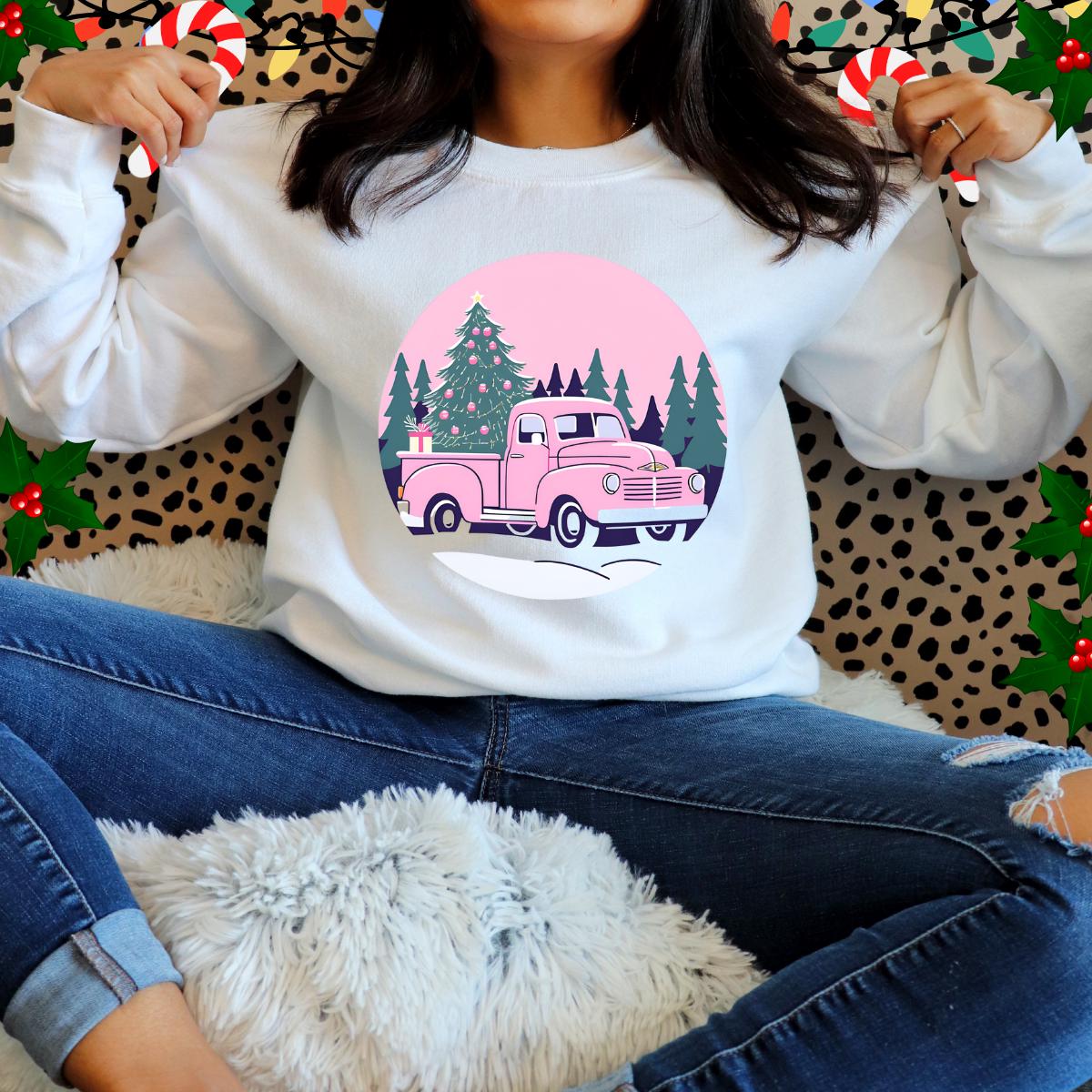 Sudadera con capucha y diseño de árbol de Navidad con camión vintage en color rosa