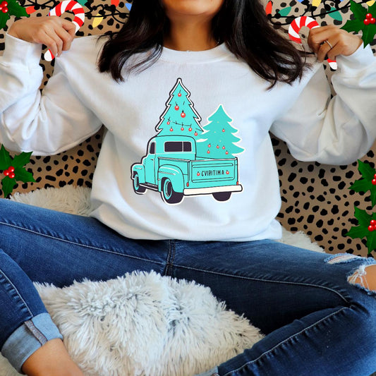 Turquoise Vintage Truck Christmas Tree Pullover Sweatshirt - The Tshirt Goat