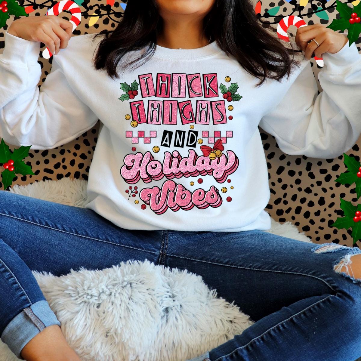 Faux Glitter Pink &quot;Thick Thighs Holiday Vibes&quot; Pullover Sweatshirt - The Tshirt Goat