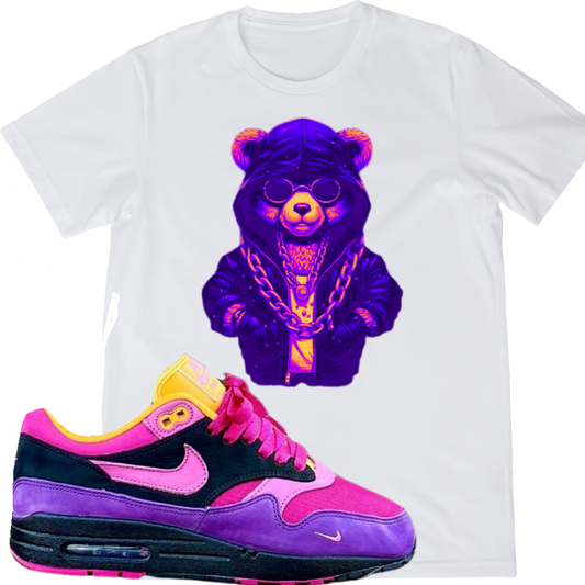 Kids "Psychedelic Bear" T-shirt Matches Purple Opulence AM1D Sneakers - The Tshirt Goat